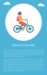 Fototapeta na wymiar Girl riding bike cartoon vector poster with circle and text. Teenager in casual clothes and backpack cycling in park or city road, healthy lifestyle theme