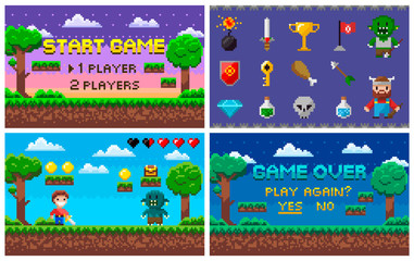Pixel art game in 8 bit character life info and scenery vector. Isolated icons set trophy and sword, bomb and troll rival, alien and treasure arcade © robu_s