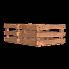 Wooden box for transportation and storage of products. Empty crate for fruits and vegetables. 3d render on black background.