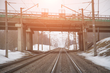 Railroad landscape, car bridge, winter time Industrial concept