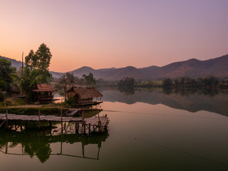 Fototapeta premium morning at the lake between the valley