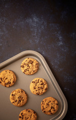 Vertical image of chocolate chip cookies on a baking tray, with copy space