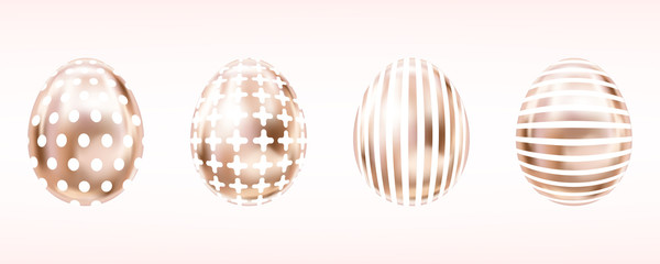 Four glance metallic eggs in pink color with white cross, stripes, dots. Isolated objects for Easter