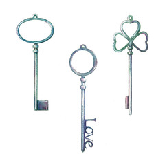 Watercolor illustration with vintage romantic key for wedding invitations, holiday cards, greeting cards, posters, books, envelopes, photo album. Illustration on isolated background