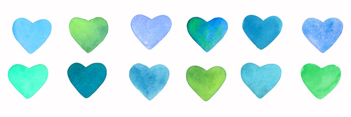 Set of hand painted watercolor hearts for Valentine's day. Romantic blue, pink heart for wedding invitations, holiday cards, greeting cards, posters, books, envelopes, photo album. isolated background