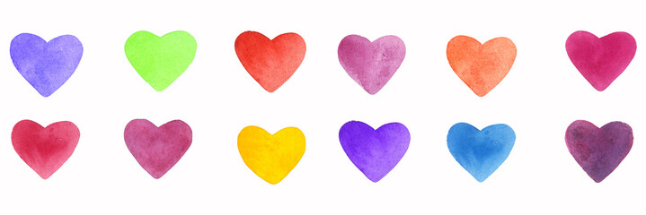 Set of hand painted watercolor hearts for Valentine's day. Romantic blue, pink heart for wedding invitations, holiday cards, greeting cards, posters, books, envelopes, photo album. isolated background