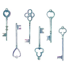 Watercolor illustration with vintage romantic key for wedding invitations, holiday cards, greeting cards, posters, books, envelopes, photo album. Illustration on isolated background