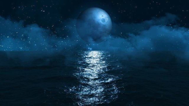 moon hangs over the dark blue ocean setting off to the horizon letting the moonlight