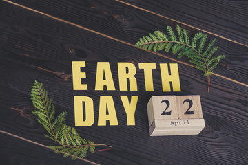 wooden calendar with date 22 april and green fern leaf on light green background