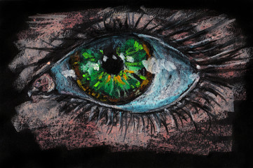 I'm watching you! Big green eye. Oil Pastel. Black background