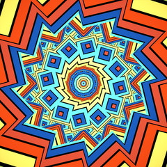 Colorful warm brown kaleidoscope 3D illustration. Beautiful bright mandala fractal ornament for yoga, clubs, shows. Zoom in geometric patterns with circles, rectangles design. 4K Square