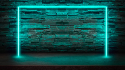 Empty dark stone table with pastel blue fluorescent neon laser lights. Party and night club concept...