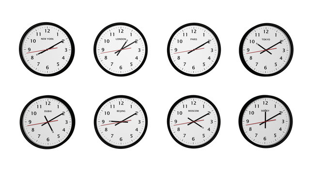 Set of eight round black color wall clocks isolated on white background