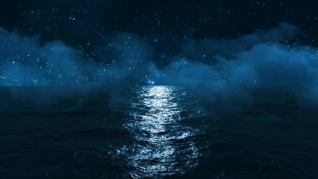 dark blue ocean with moonlight reflected in it against the starry sky and clouds passing above it