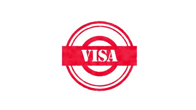 Animated video of a traditional rubber stamp imprinting an ink circle sign with the word VISA