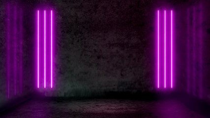 Empty dark abstract room with purple fluorescent neon lights. Stage, scene and night club party...