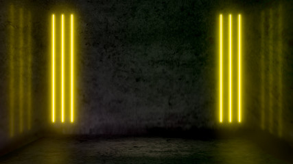 Empty dark abstract room with yellow fluorescent neon lights. Stage, scene and night club party concept background with copy space for text or product display.