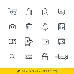 E Commerce Online Shopping Related Icons / Vectors Set - In Line / Stroke Design | Contains Such Cart, Shopping Bag, Wish list, Chat, Scan, Camera, Notification, Shipment, Delivery, Coupon, Gift, Pay