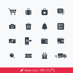 E Commerce Online Shopping Related Icons / Vectors Set | Contains Such Cart, Shopping Bag, Wish list, Chat, Scan, Camera, Notification, Shipment, Delivery, Coupon, Gift, Pay, Wallet, Money, Feed