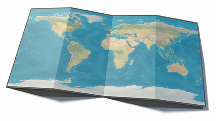 World map drawn on a folded sheet, planisphere leaning on a surface, 3d rendering. Physical map
