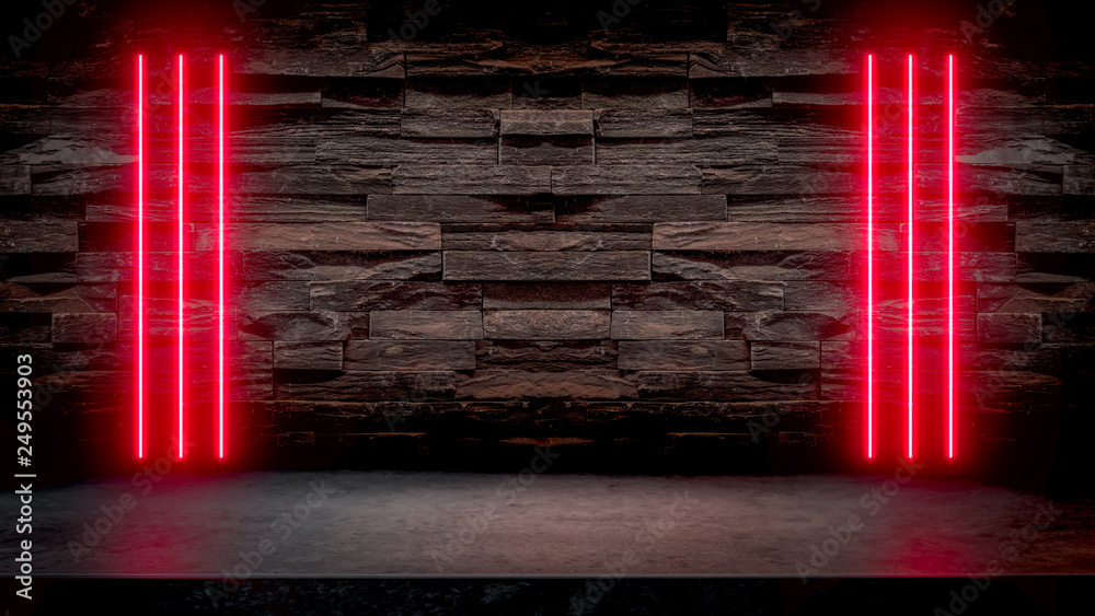 Wall mural empty dark stone table with red fluorescent neon lights. party and night club concept background wit