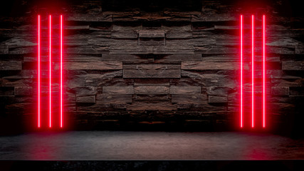 Empty dark stone table with red fluorescent neon lights. Party and night club concept background with copy space for text or product display.