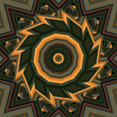 Colorful warm brown kaleidoscope 3D illustration. Beautiful bright mandala fractal ornament for yoga, clubs, shows. Zoom in geometric patterns with circles, rectangles design. 4K Square