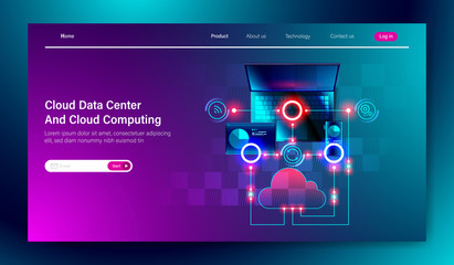 Modern flat design of Cloud data center service and Cloud computing online storage technology on computer, tablet and mobile device connection concept for landing page template Vector.