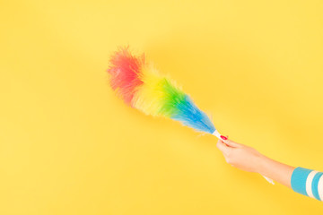 Easy dust cleaning. Woman hand with feather duster. Copy space on yellow background.