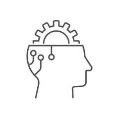 Gear in head, icon vector, AI concept, head of cyborg, solid illustration, pictogram isolated on white. Editable Stroke. EPS 10