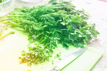 a bunch of fresh herbs (dill, parsley) lying on the table.