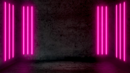 Empty dark abstract room with pink fluorescent neon lights. Stage, scene and night club party concept background with copy space for text or product display. - obrazy, fototapety, plakaty