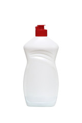 Household chemicals for cleaning the house. Detergents in plastic containers and bottles isolated on white background.