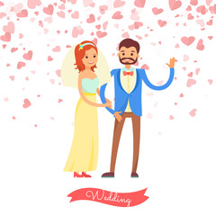 Wedding of man and woman, married day. Smiling bride wearing veil and dress hugging groom in suit waving hand. Postcard decorated by hearts vector