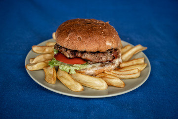 Tasty Homemade Hamburger with Lettuce, Tomato and fried potato
