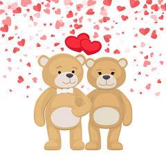 Male and female plush toys celebrating Valentines Day. Happy teddy bears family holding red heart in paws, isolated on background of symbols of love