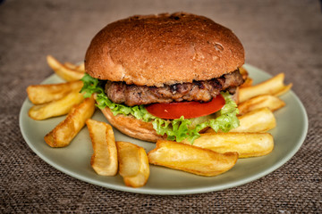 Tasty Homemade Hamburger with Lettuce, Tomato and fried potato