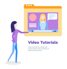 Video tutorials for student studying online poster vector. Teacher on screen, lady learning new information, discipline info. Tutor study interaction