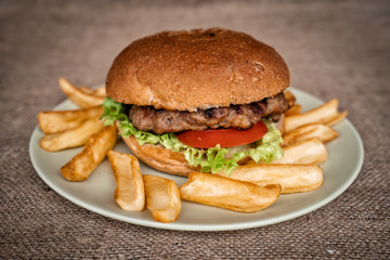 Tasty Homemade Hamburger with Lettuce, Tomato and fried potato