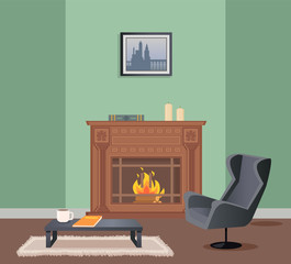 Room in green color of wallpaper with picture, fireplace decorated with book and candles . Armchair and coffee table with cup and notebook on rug vector