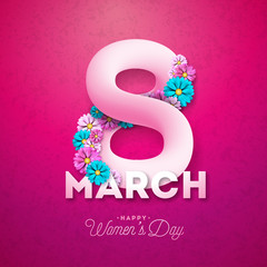 8 March. Happy Womens Day Floral Greeting card. International Holiday Illustration with Flower Design on Pink Background. Vector Spring Template.