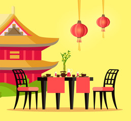 Chinese restaurant outdoor table and house with pagoda vector. Bowl with chopsticks and teapot, jug of lemonade and bamboo in vase, chair and lanterns