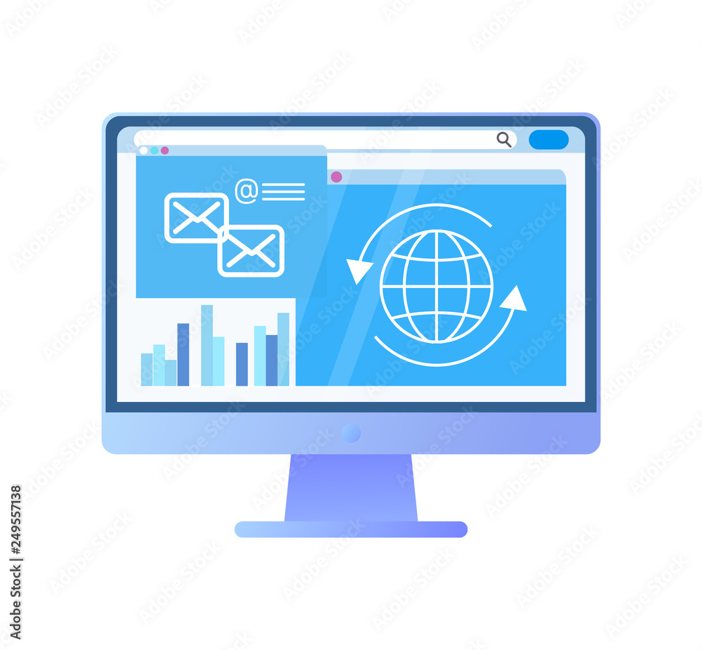 Wall mural screen of computer with information globe data vector. monitor and messages business correspondence,