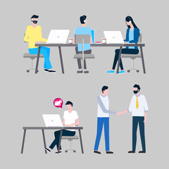 Online support workers at laptops with headphones vector. Internet informative aid, operators answering calls at desktops, men and woman isolated icons