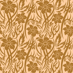 Tribal beige Flower seamless pattern with leaves, drops and curls. Backdrop vector illustration