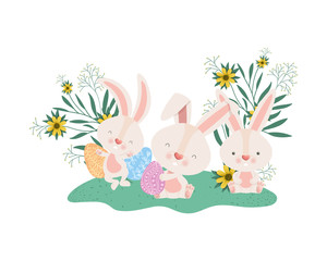 easter rabbits with eggs and flowers icon