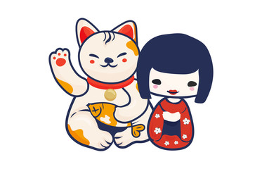 Anime Manga styled vector illustration: kawaii japanese teen girl and maneki neko lucky cat isolated. Cute Kokeshi doll and Maneki Neko beckoning kitty as a charm symbol of luck and Japan.