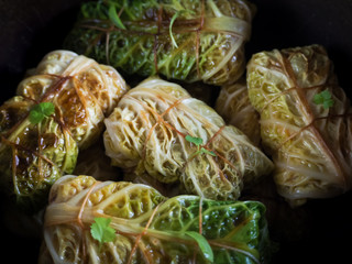 Obraz premium Fresh appetizing cabbage rolls tied with string.