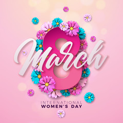 8 March. Happy Womens Day Floral Greeting card. International Holiday Illustration with Flower Design on Pink Background. Vector Spring Celebration Template.