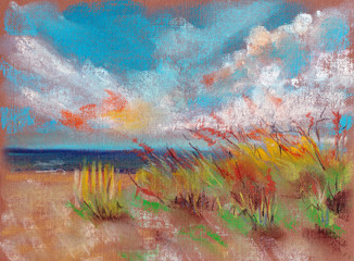 Windy day on the seashore. Pastel